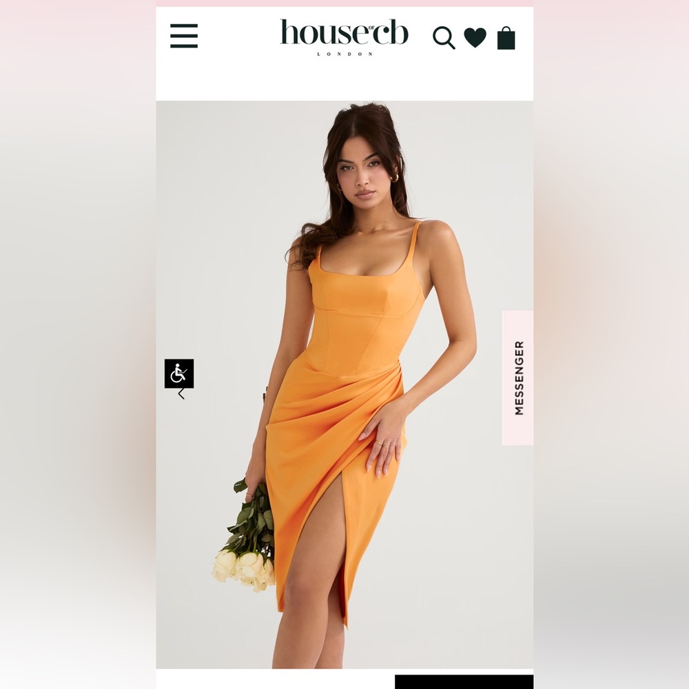 House of CB “Bianca” Tangerine Satin Pleated Corset Midi Dress. Size XS